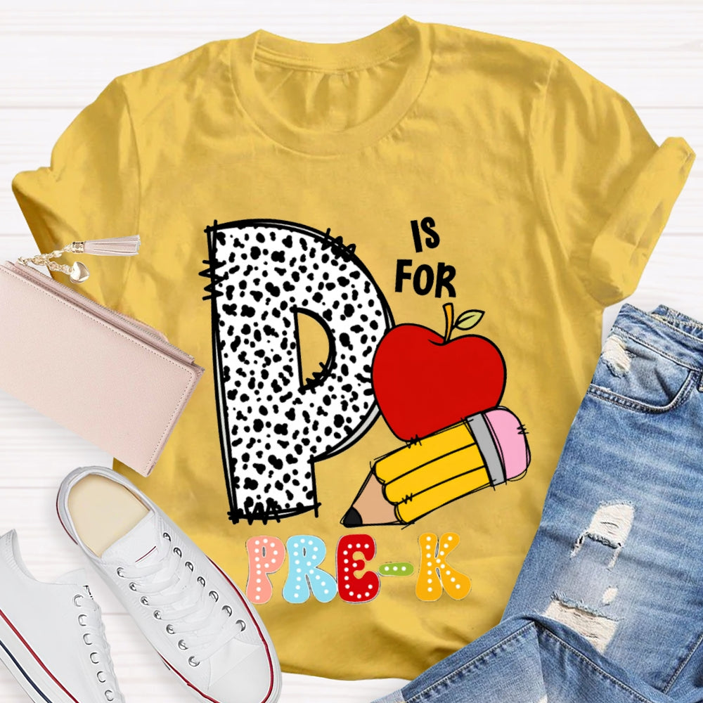 Personalized Grade Pre-K Polka Dot Letters Apple And Yellow Pencil T-shirt