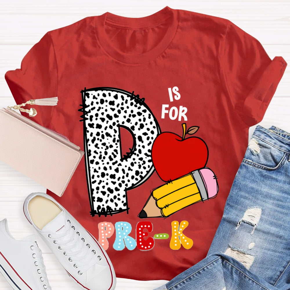 Personalized Grade Pre-K Polka Dot Letters Apple And Yellow Pencil T-shirt