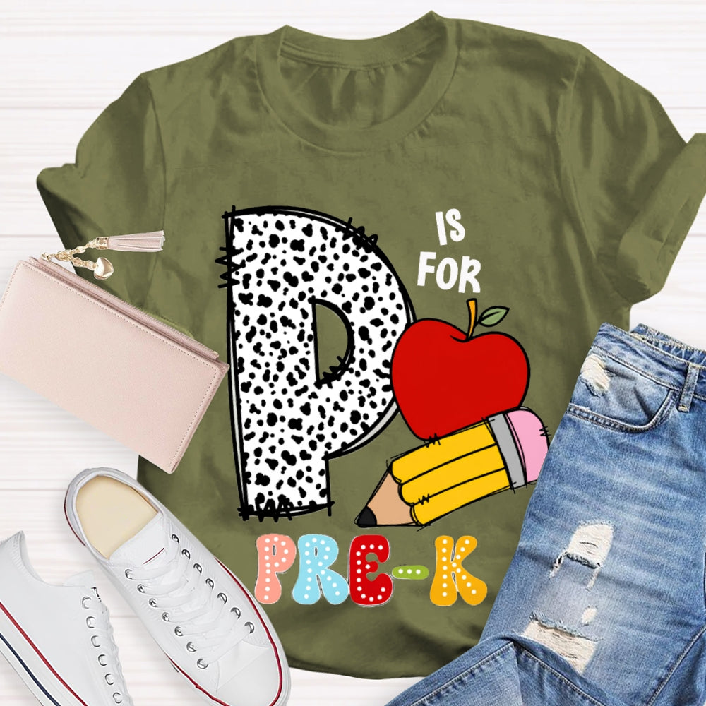 Personalized Grade Pre-K Polka Dot Letters Apple And Yellow Pencil T-shirt