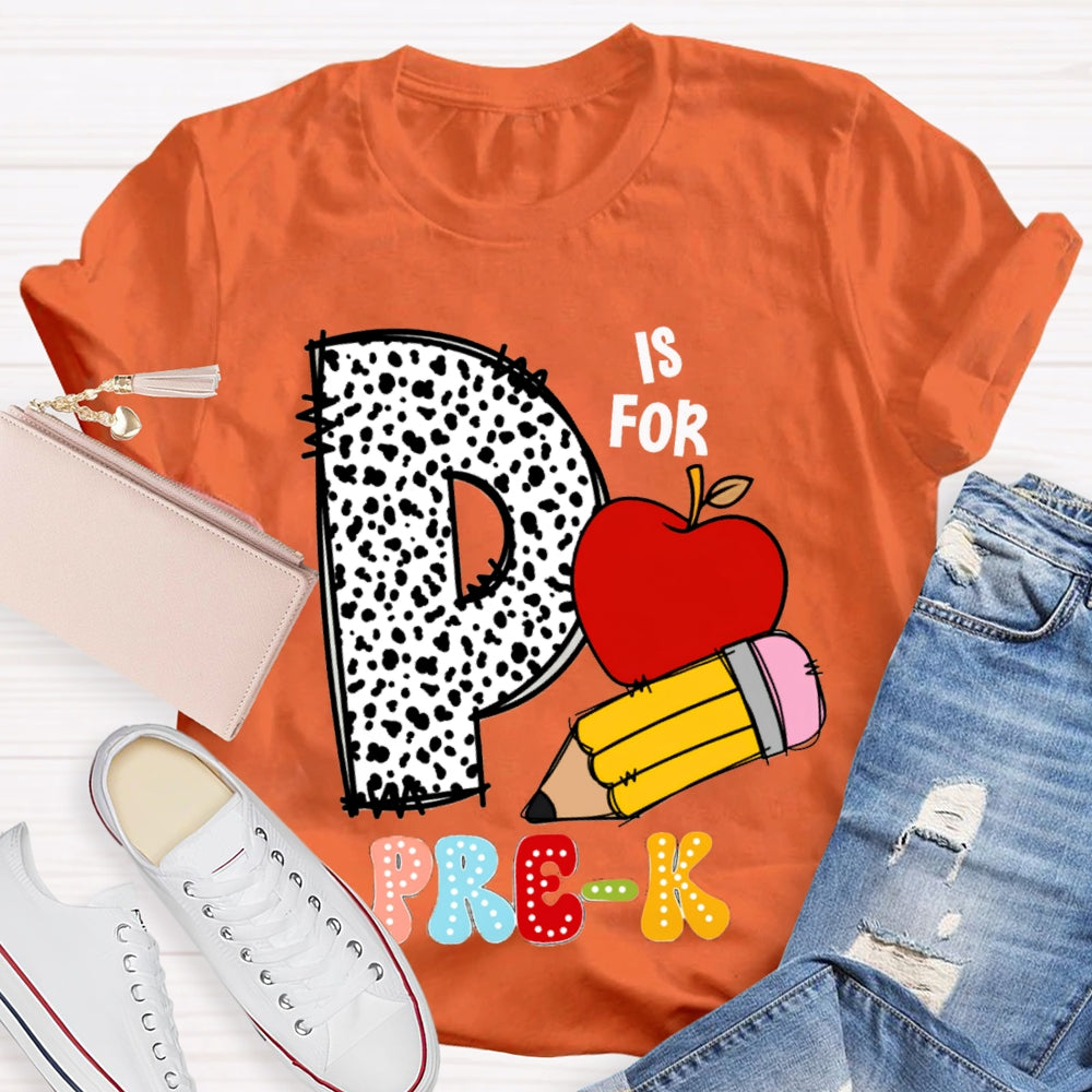 Personalized Grade Pre-K Polka Dot Letters Apple And Yellow Pencil T-shirt