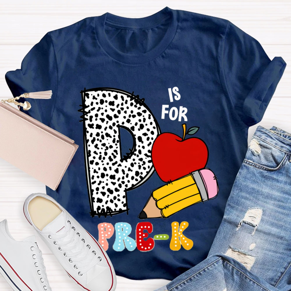 Personalized Grade Pre-K Polka Dot Letters Apple And Yellow Pencil T-shirt