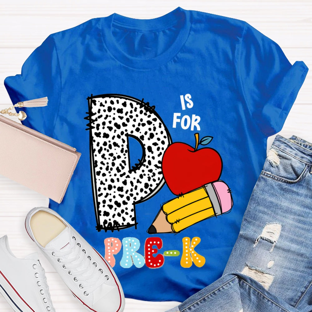 Personalized Grade Pre-K Polka Dot Letters Apple And Yellow Pencil T-shirt