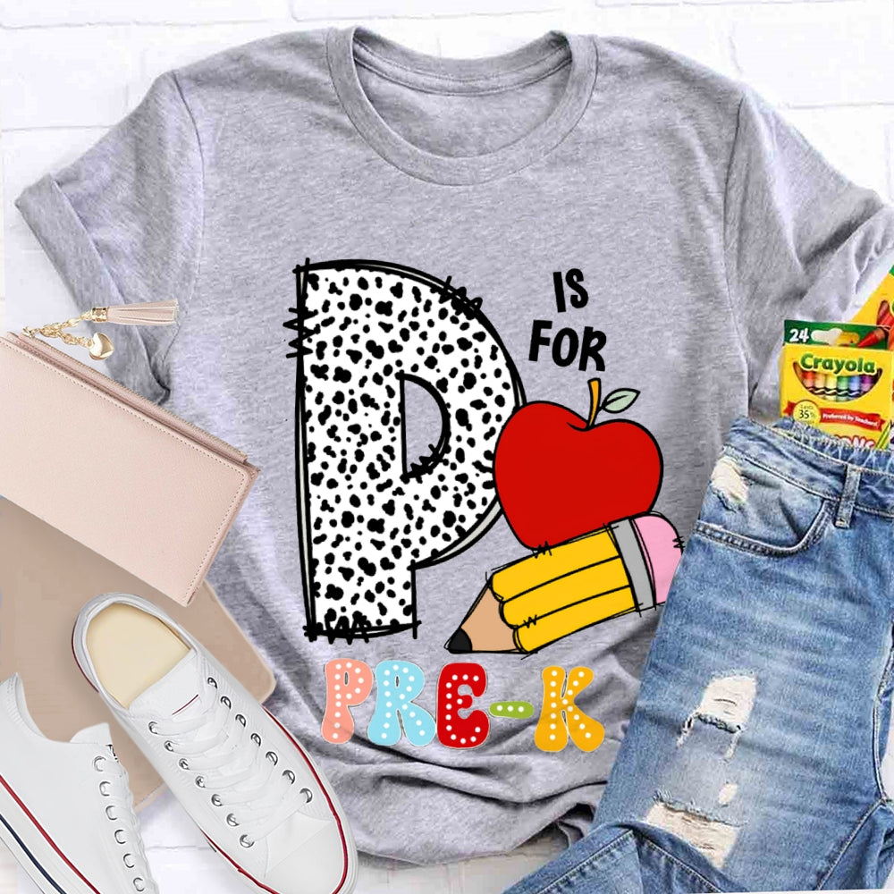 Personalized Grade Pre-K Polka Dot Letters Apple And Yellow Pencil T-shirt