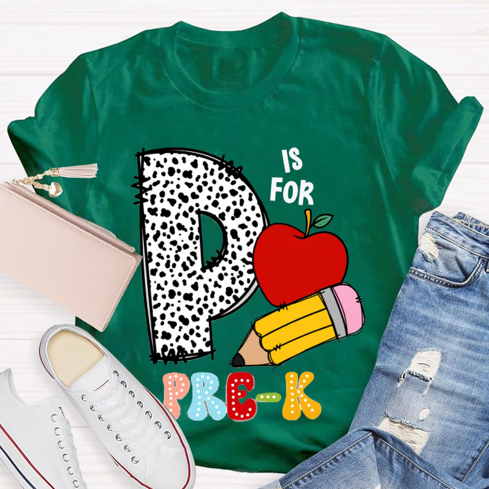 Personalized Grade Pre-K Polka Dot Letters Apple And Yellow Pencil T-shirt