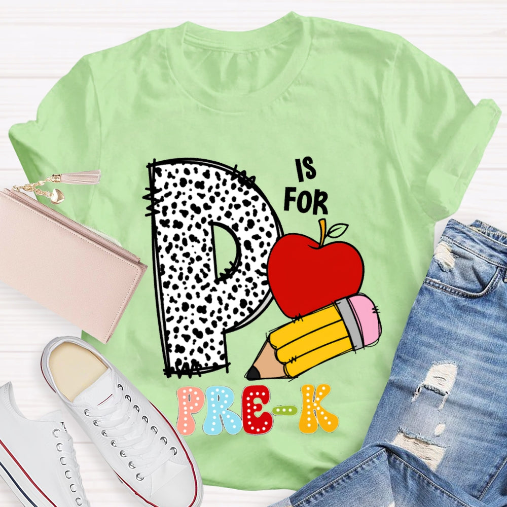 Personalized Grade Pre-K Polka Dot Letters Apple And Yellow Pencil T-shirt
