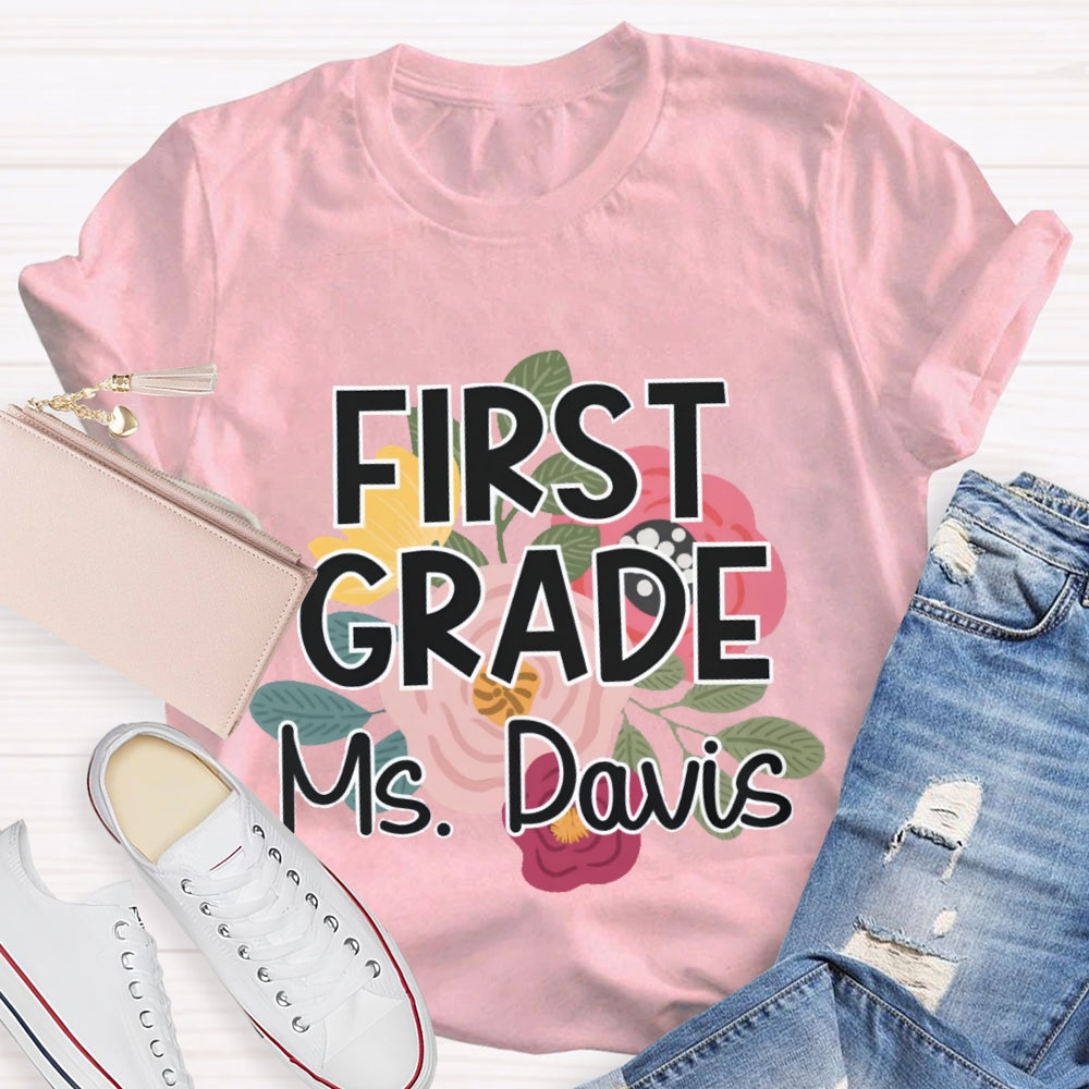 Personalized Grade And Name First Grade Flowers Printed T-shirt