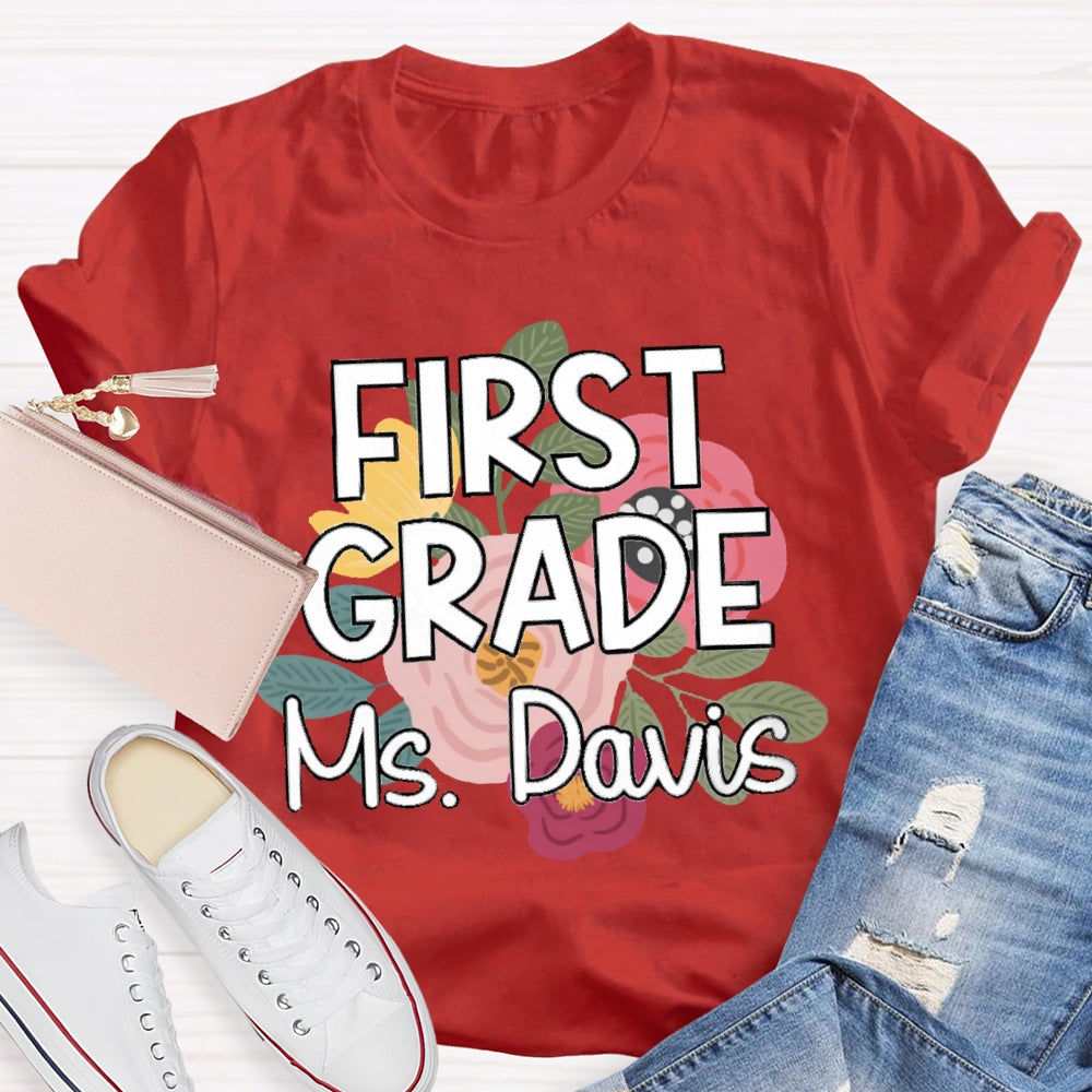 Personalized Grade And Name First Grade Flowers Printed T-shirt