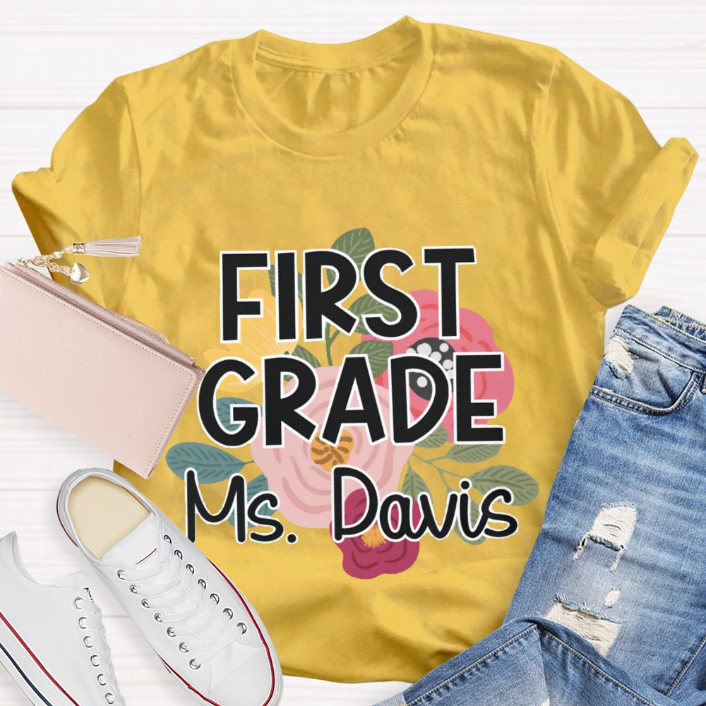 Personalized Grade And Name First Grade Flowers Printed T-shirt
