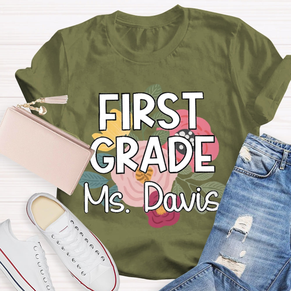 Personalized Grade And Name First Grade Flowers Printed T-shirt