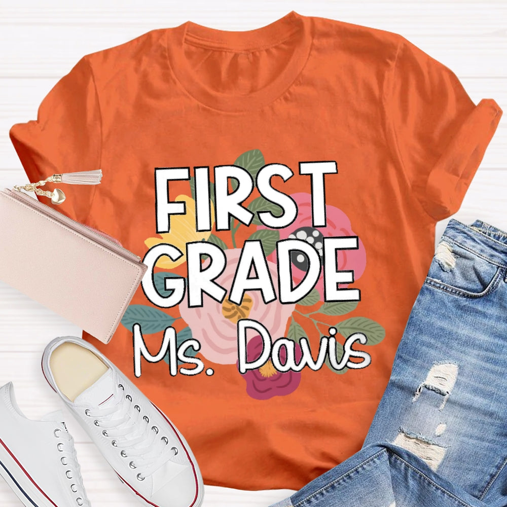 Personalized Grade And Name First Grade Flowers Printed T-shirt