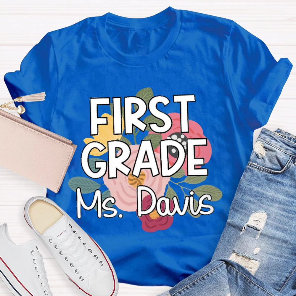 Personalized Grade And Name First Grade Flowers Printed T-shirt
