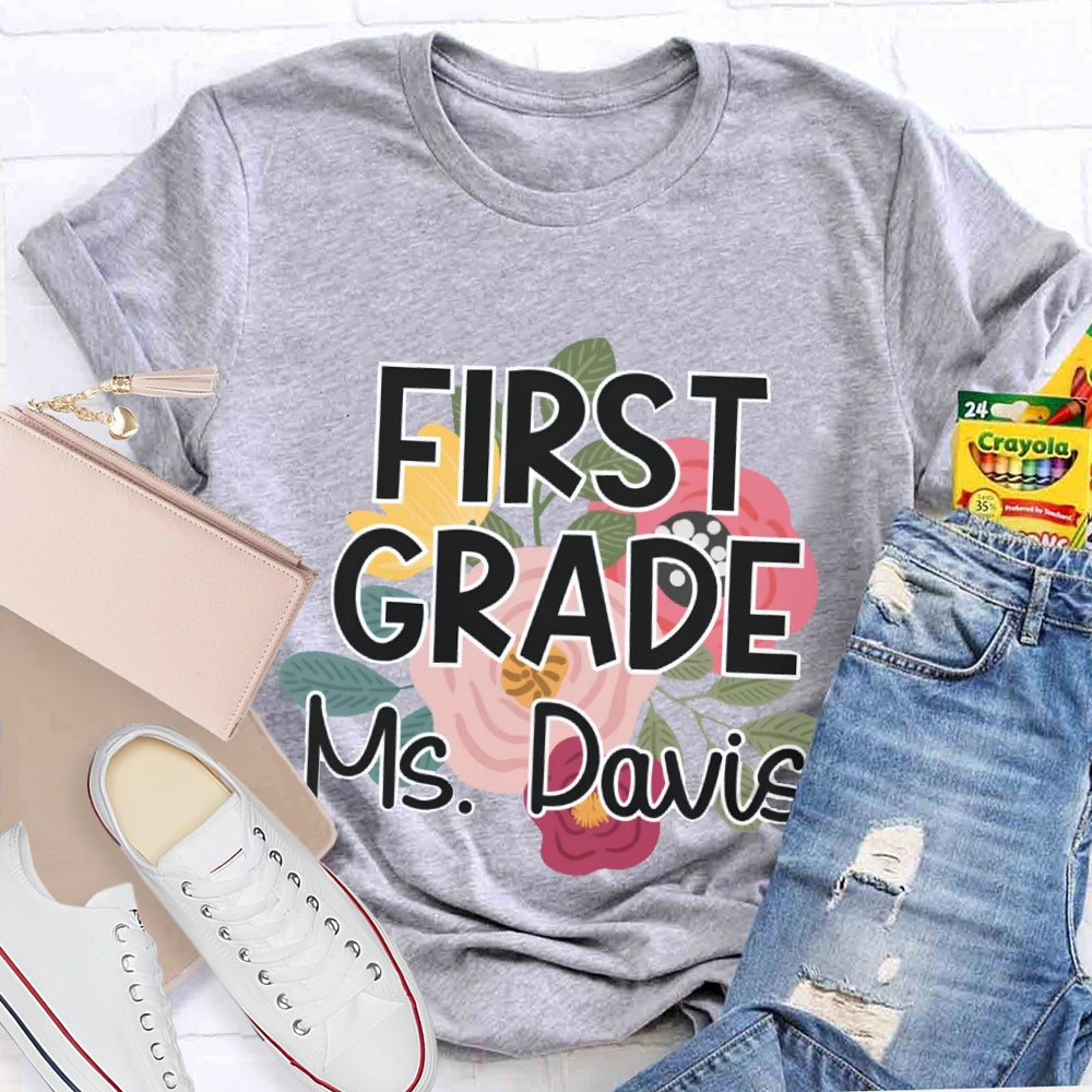 Personalized Grade And Name First Grade Flowers Printed T-shirt