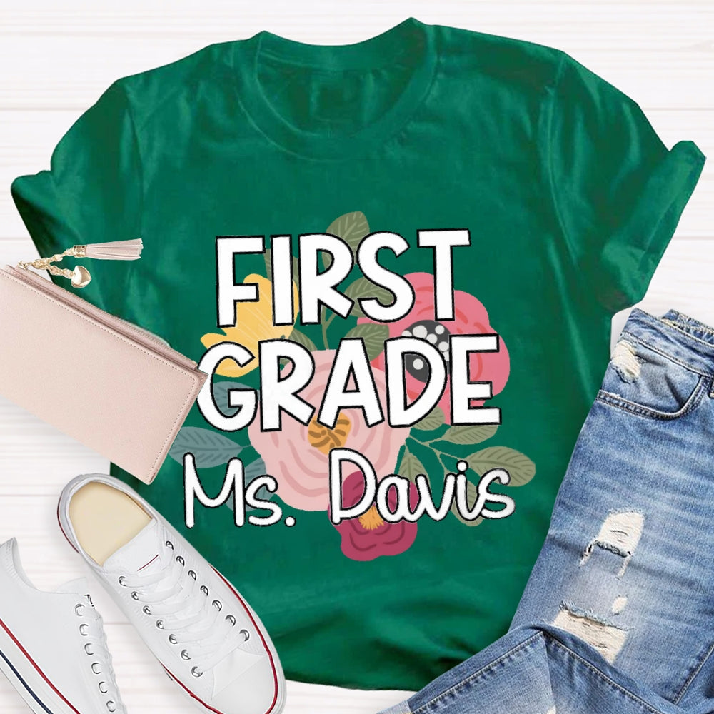 Personalized Grade And Name First Grade Flowers Printed T-shirt