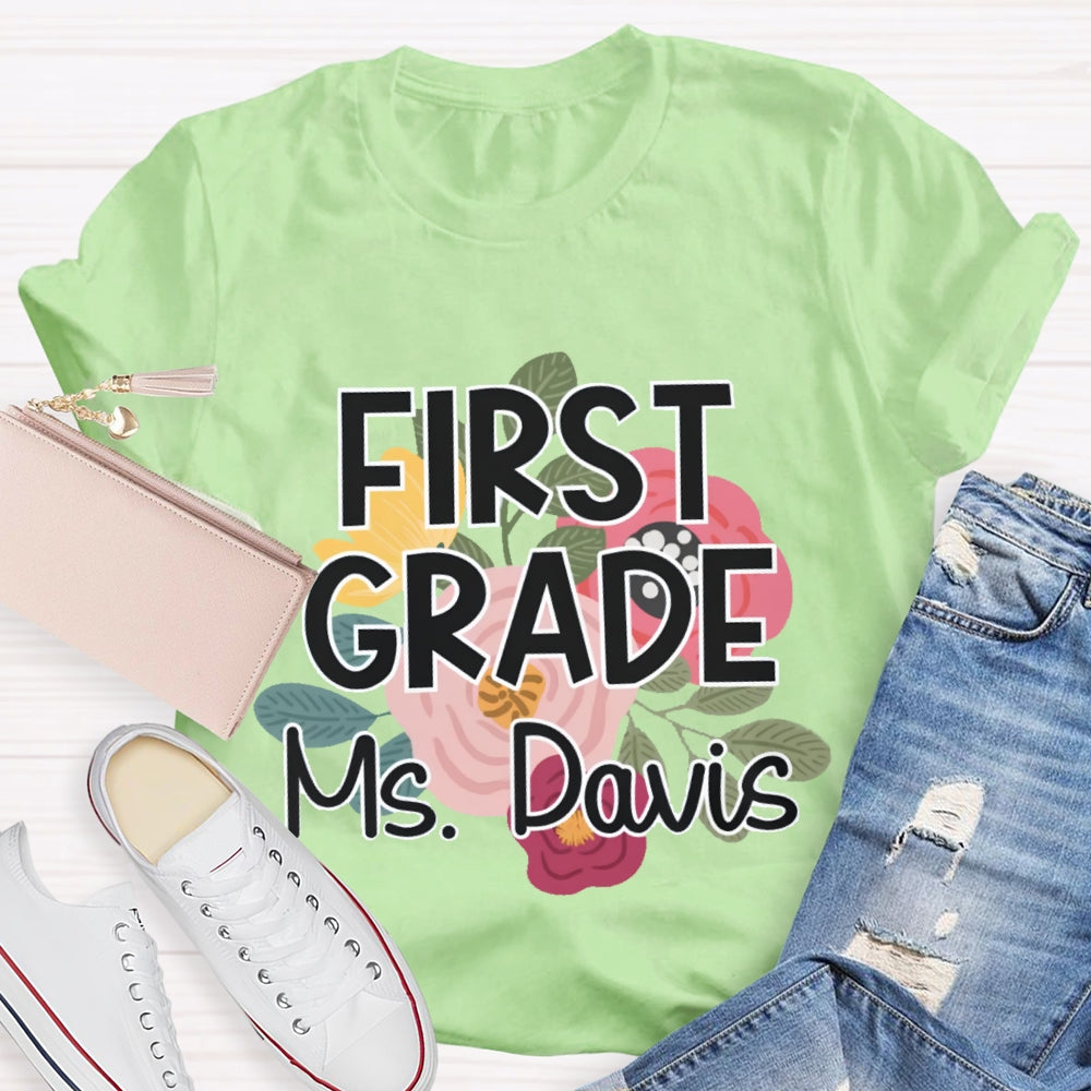 Personalized Grade And Name First Grade Flowers Printed T-shirt