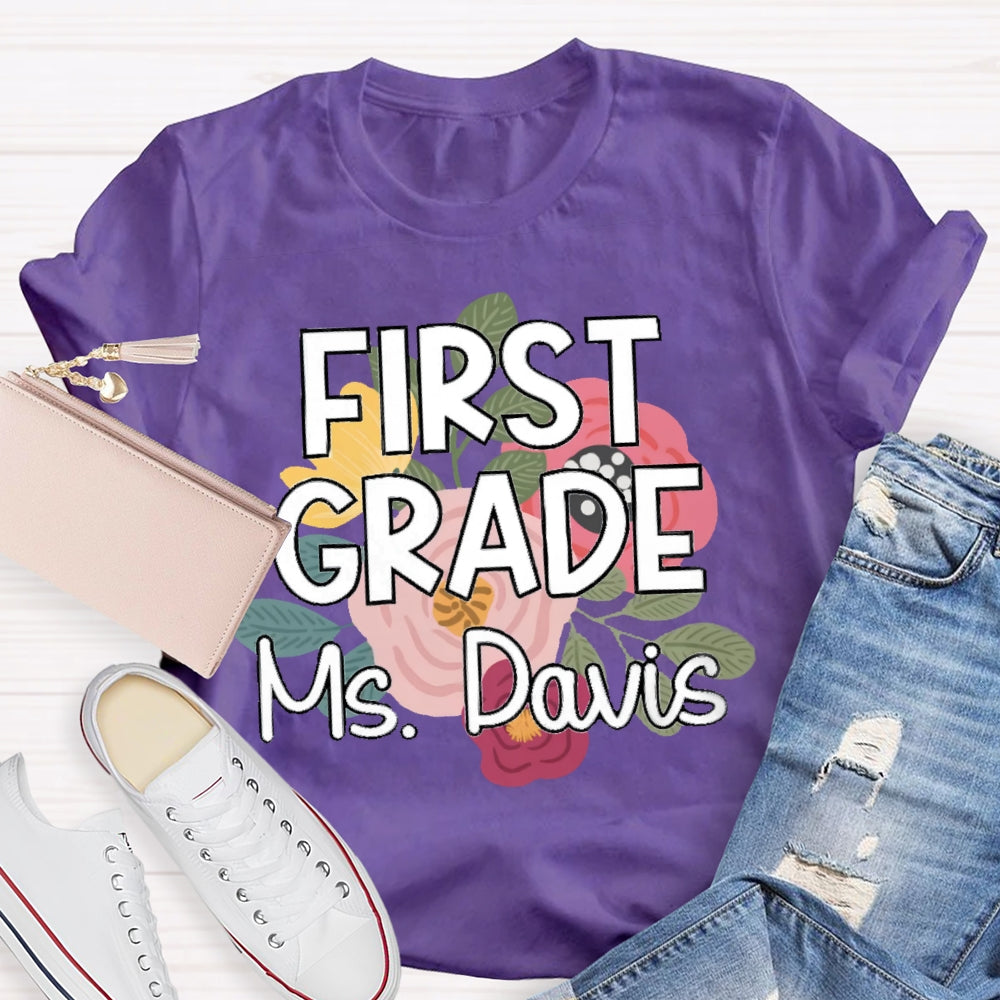 Personalized Grade And Name First Grade Flowers Printed T-shirt