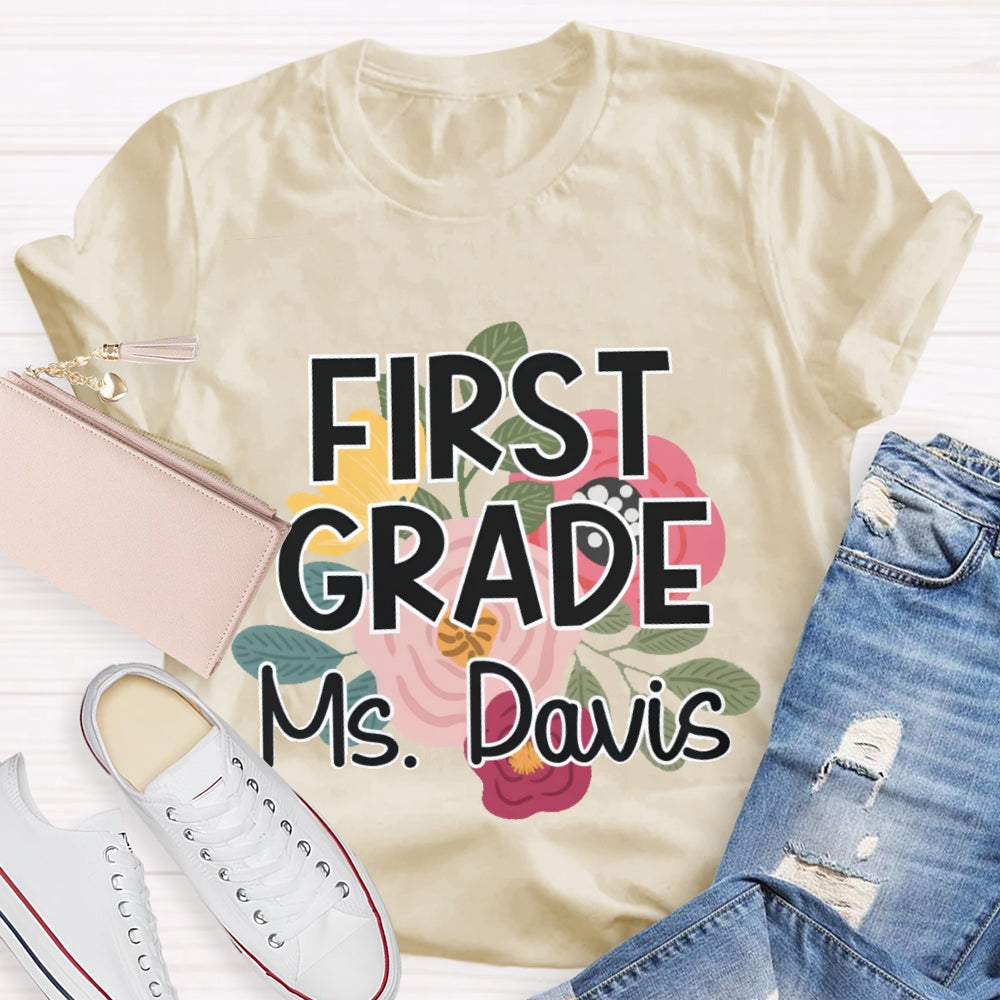 Personalized Grade And Name First Grade Flowers Printed T-shirt