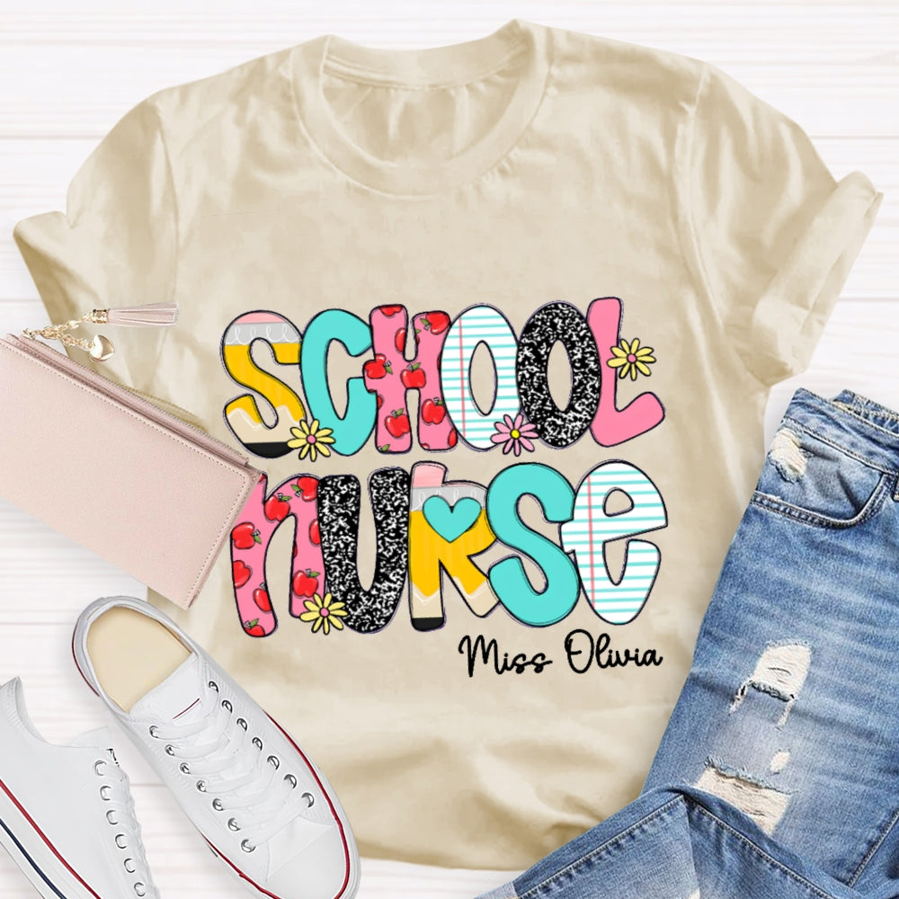 Personalized School Nurse Funny Letter Print T-shirt