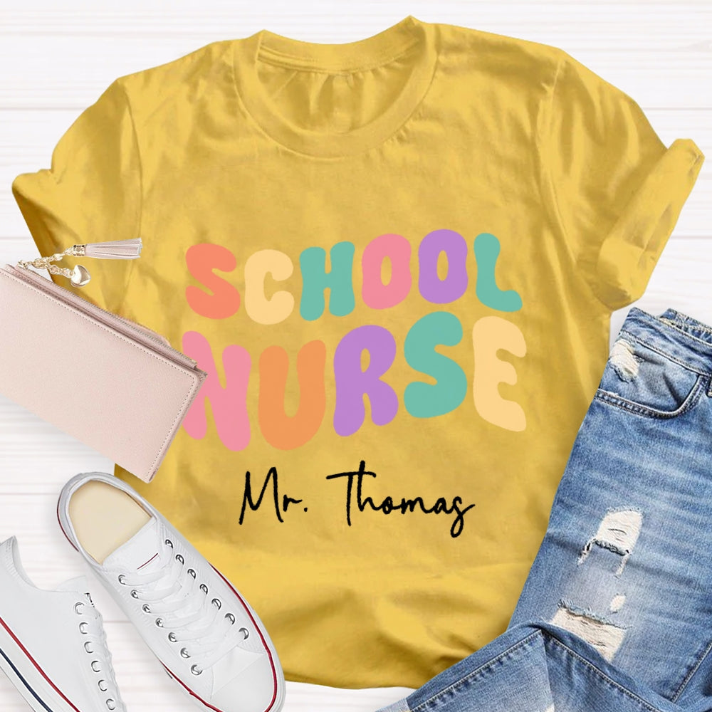 Personalized Name School Nurse Colorful Letters Design Printing T-shirt