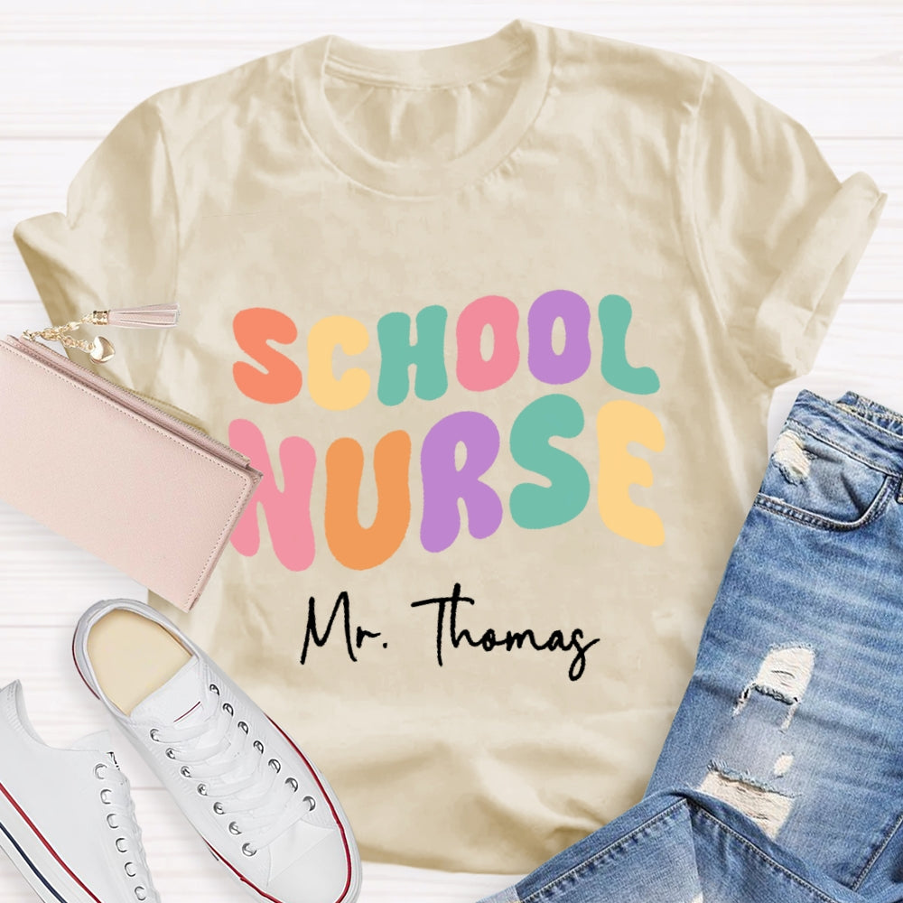 Personalized Name School Nurse Colorful Letters Design Printing T-shirt