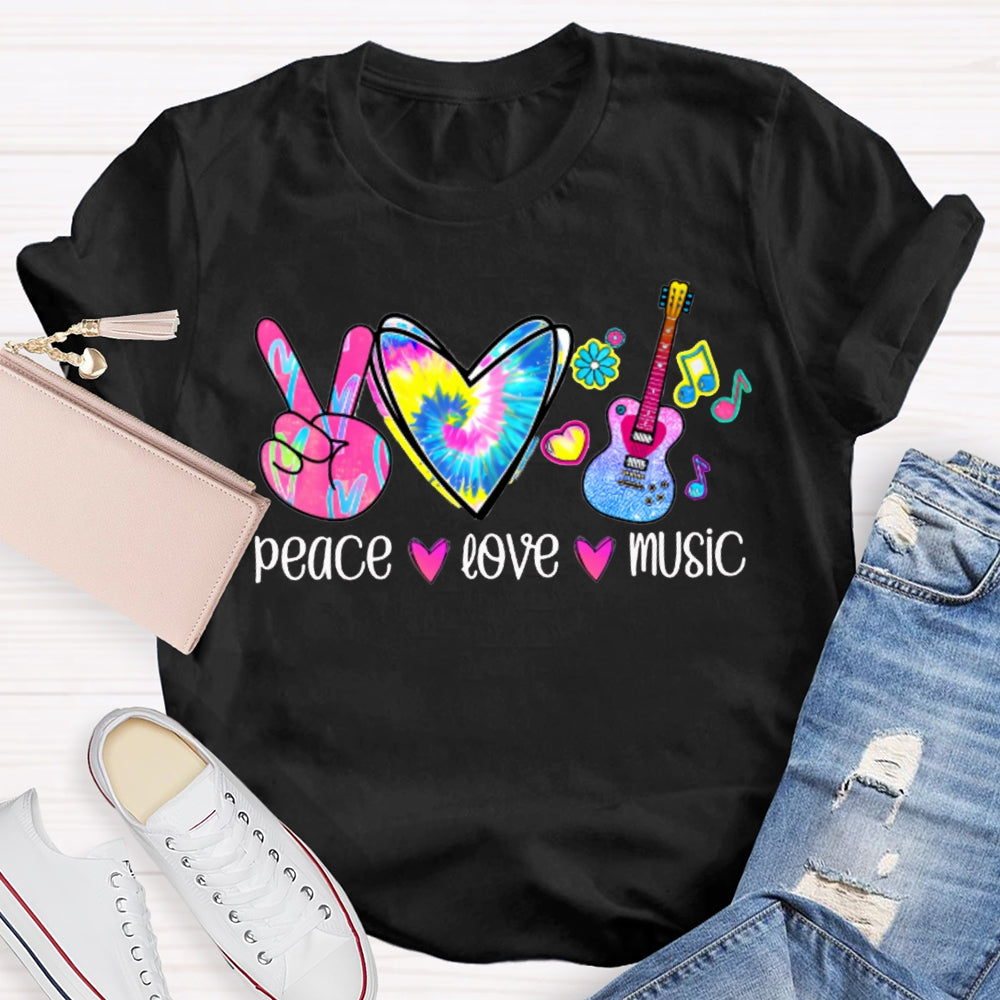 Peace Love Music Colorful Tie-Dyed Hearts And Guitar Music Teacher T-shirt