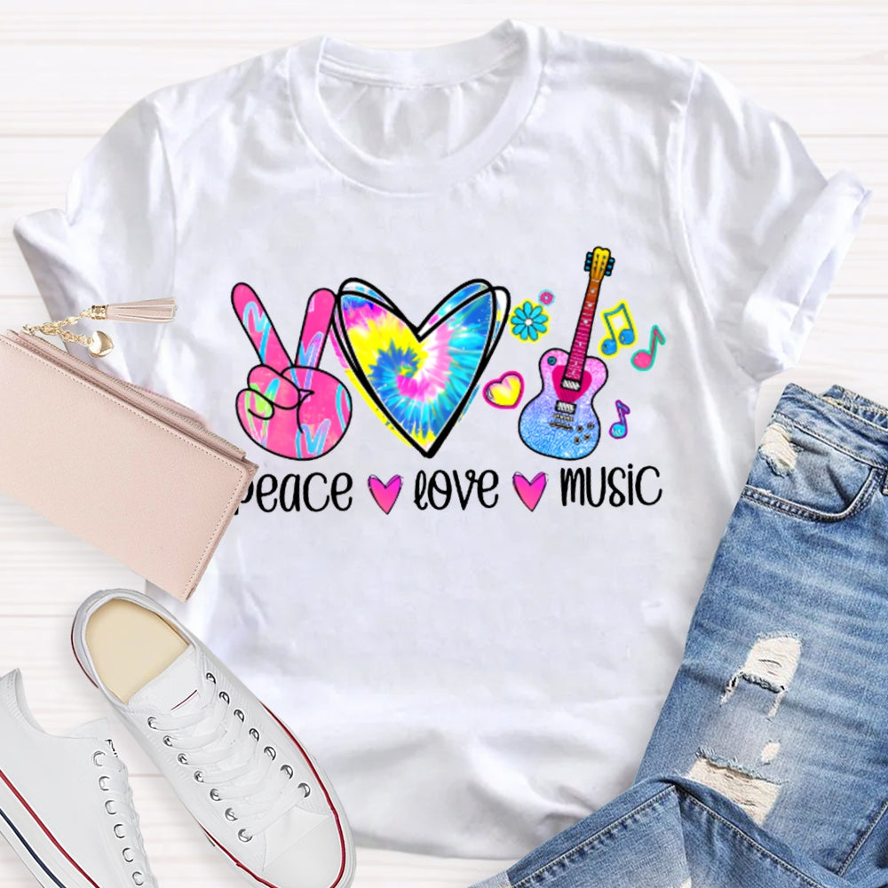 Peace Love Music Colorful Tie-Dyed Hearts And Guitar Music Teacher T-shirt