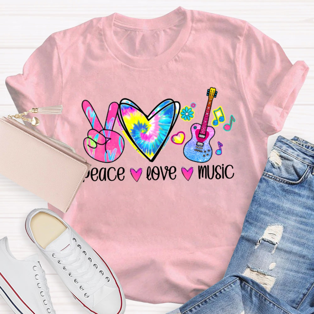 Peace Love Music Colorful Tie-Dyed Hearts And Guitar Music Teacher T-shirt