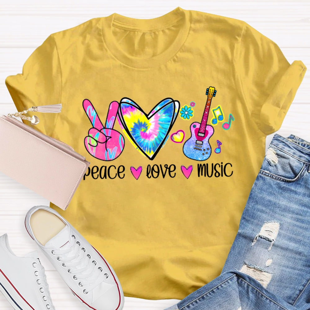 Peace Love Music Colorful Tie-Dyed Hearts And Guitar Music Teacher T-shirt