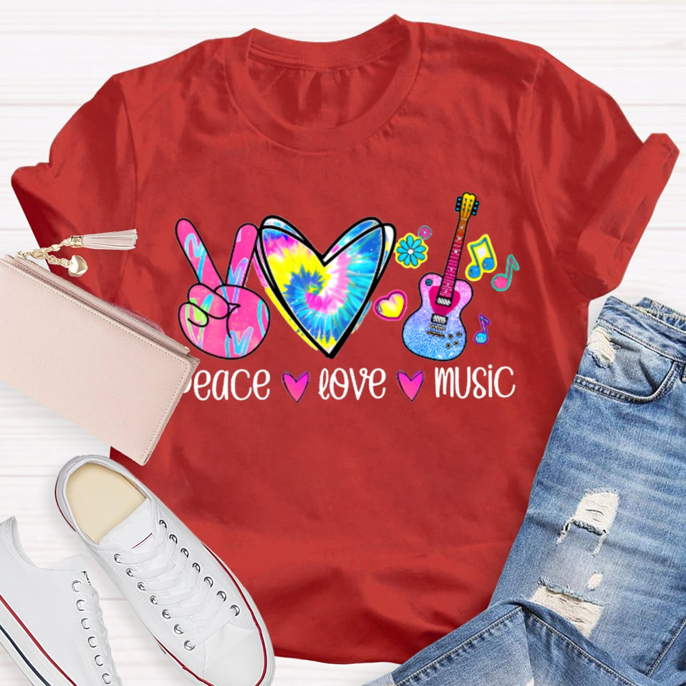 Peace Love Music Colorful Tie-Dyed Hearts And Guitar Music Teacher T-shirt
