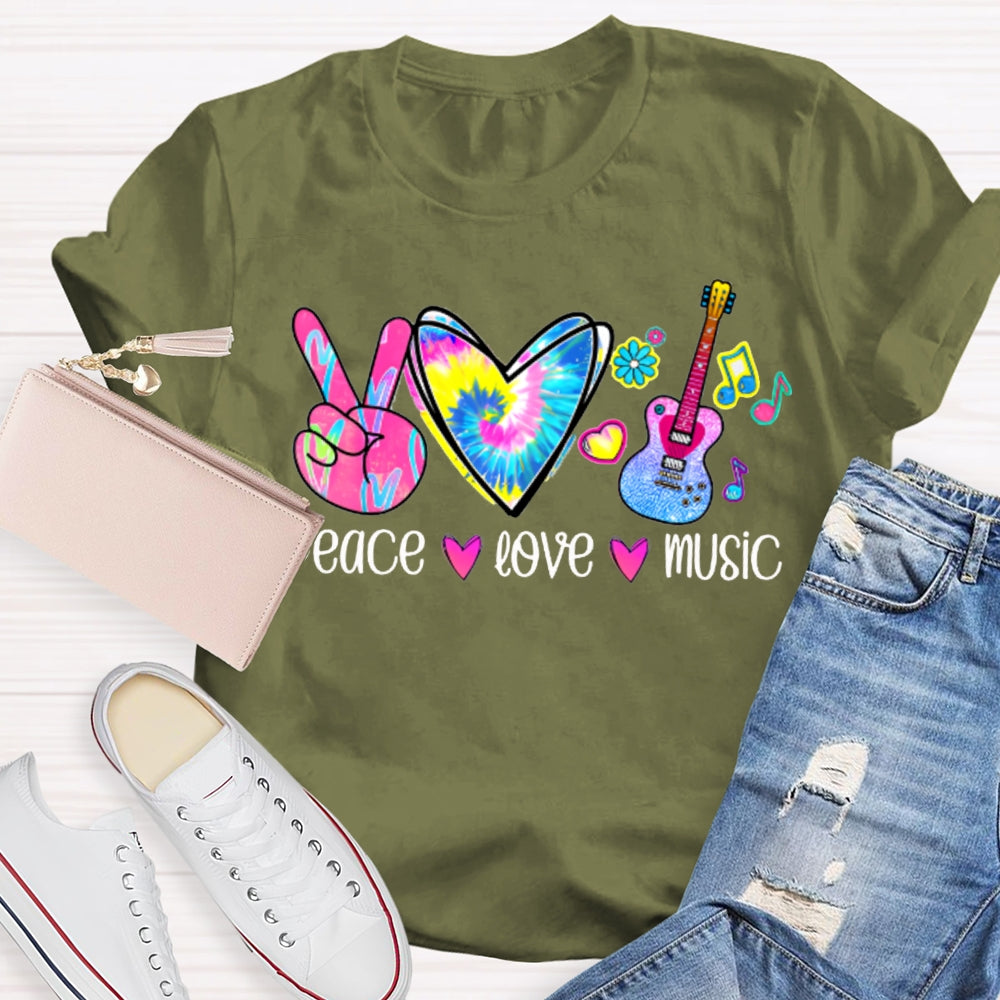 Peace Love Music Colorful Tie-Dyed Hearts And Guitar Music Teacher T-shirt