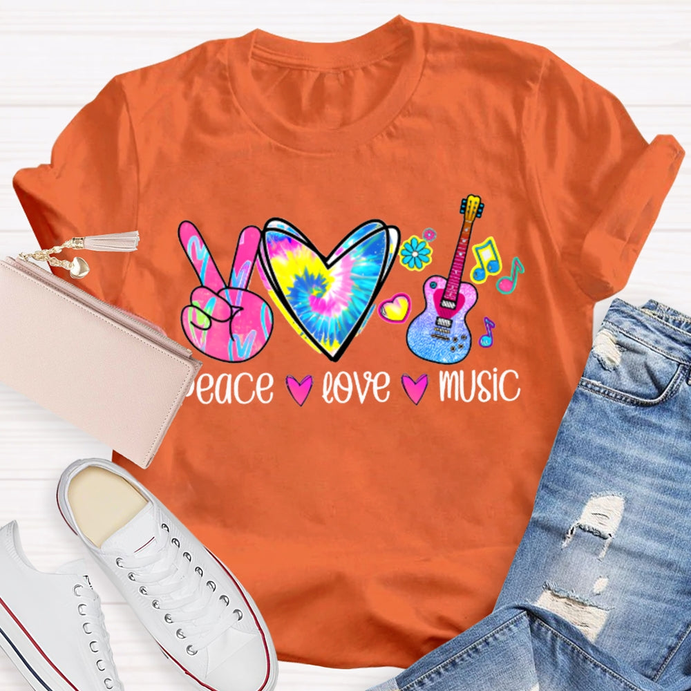 Peace Love Music Colorful Tie-Dyed Hearts And Guitar Music Teacher T-shirt