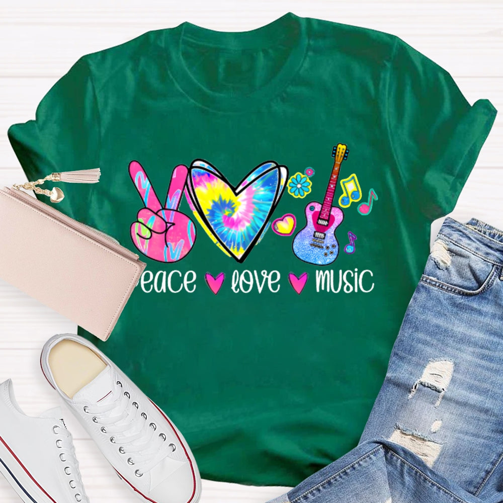 Peace Love Music Colorful Tie-Dyed Hearts And Guitar Music Teacher T-shirt