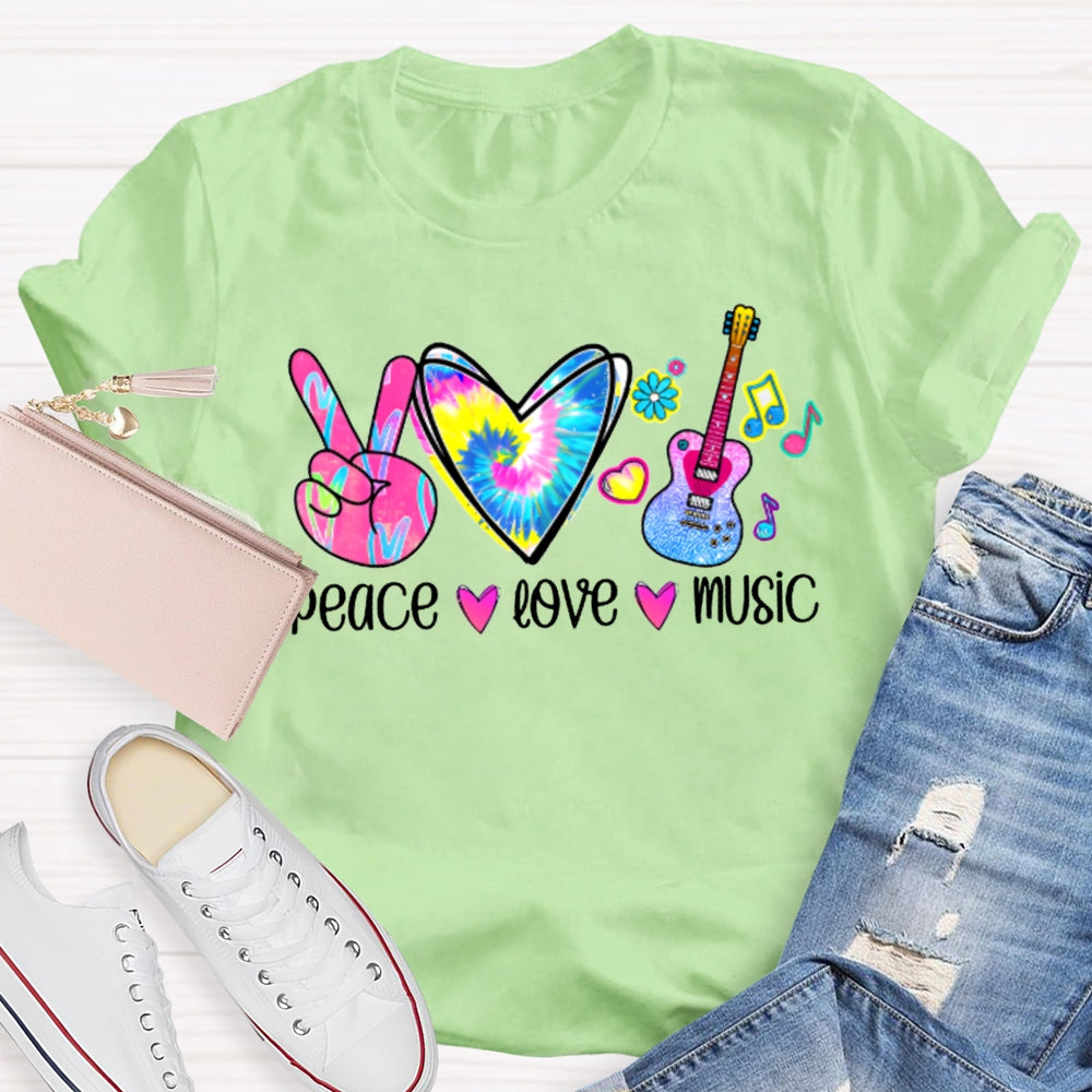 Peace Love Music Colorful Tie-Dyed Hearts And Guitar Music Teacher T-shirt