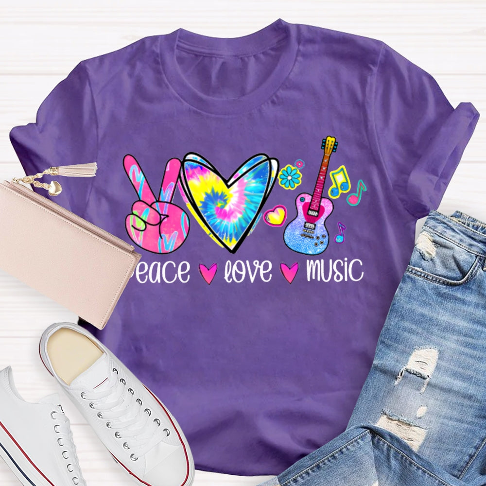 Peace Love Music Colorful Tie-Dyed Hearts And Guitar Music Teacher T-shirt