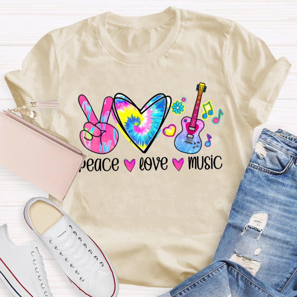 Peace Love Music Colorful Tie-Dyed Hearts And Guitar Music Teacher T-shirt