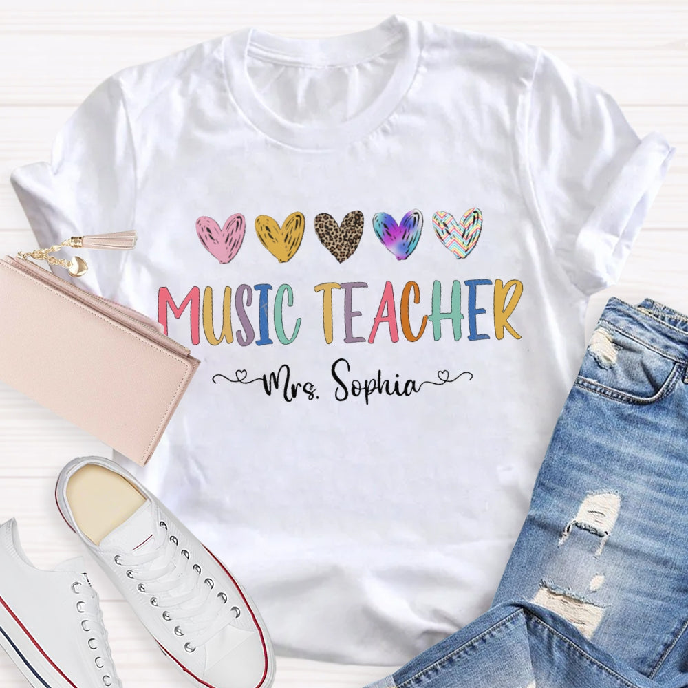 Personalized Name Music Teacher Colorful Tie-Dye And Leopard Print Hearts T-shirt