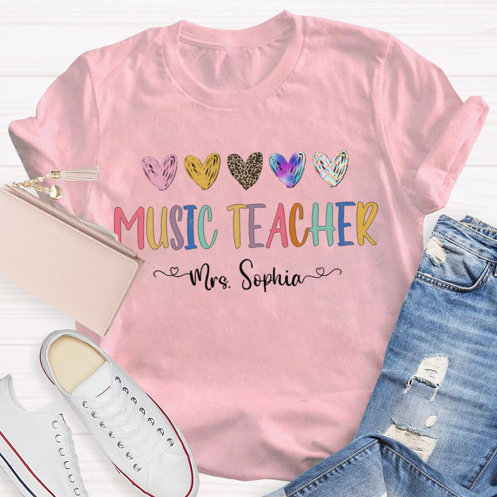 Personalized Name Music Teacher Colorful Tie-Dye And Leopard Print Hearts T-shirt