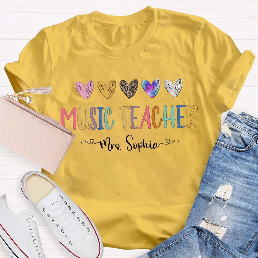 Personalized Name Music Teacher Colorful Tie-Dye And Leopard Print Hearts T-shirt