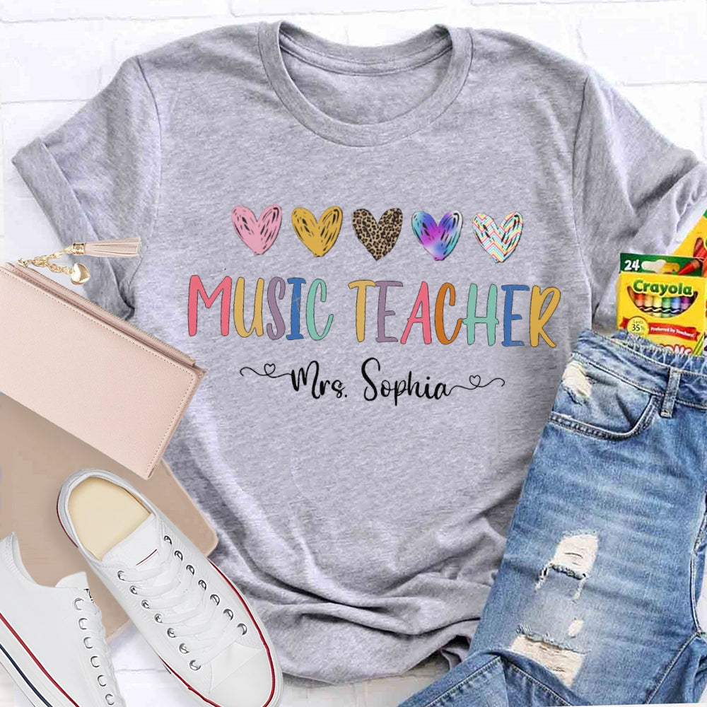 Personalized Name Music Teacher Colorful Tie-Dye And Leopard Print Hearts T-shirt