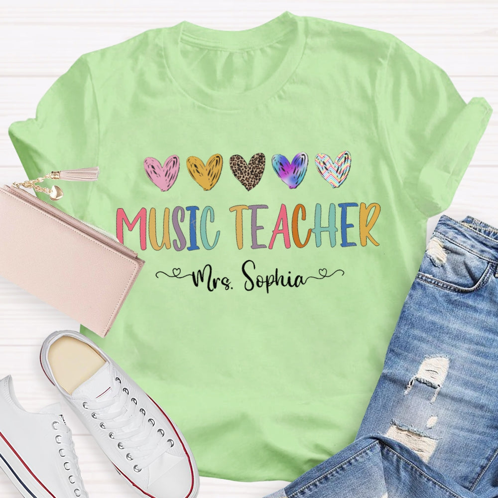 Personalized Name Music Teacher Colorful Tie-Dye And Leopard Print Hearts T-shirt