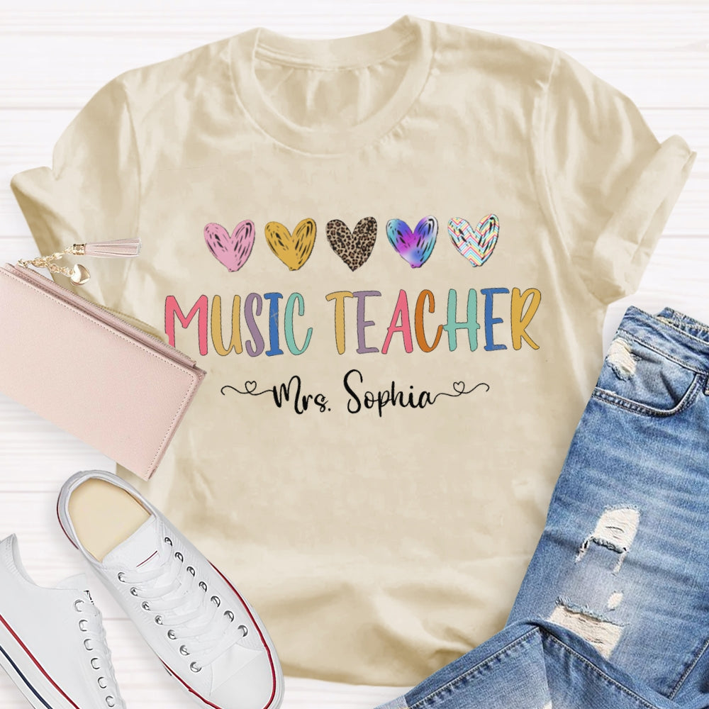 Personalized Name Music Teacher Colorful Tie-Dye And Leopard Print Hearts T-shirt