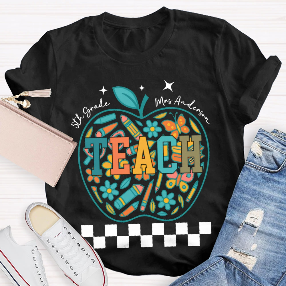 Personalized Name And Grade 5th Grade Stationery Apple Pattern Printing T-shirt