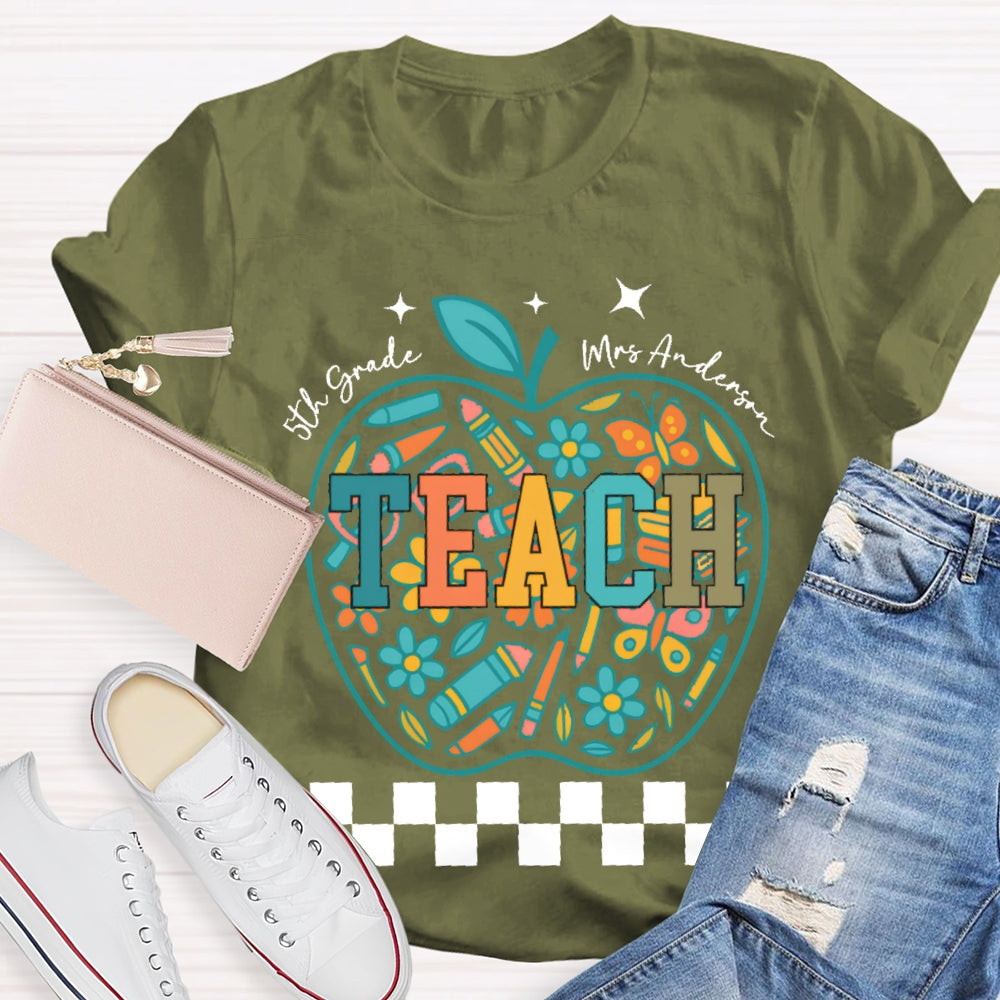 Personalized Name And Grade 5th Grade Stationery Apple Pattern Printing T-shirt