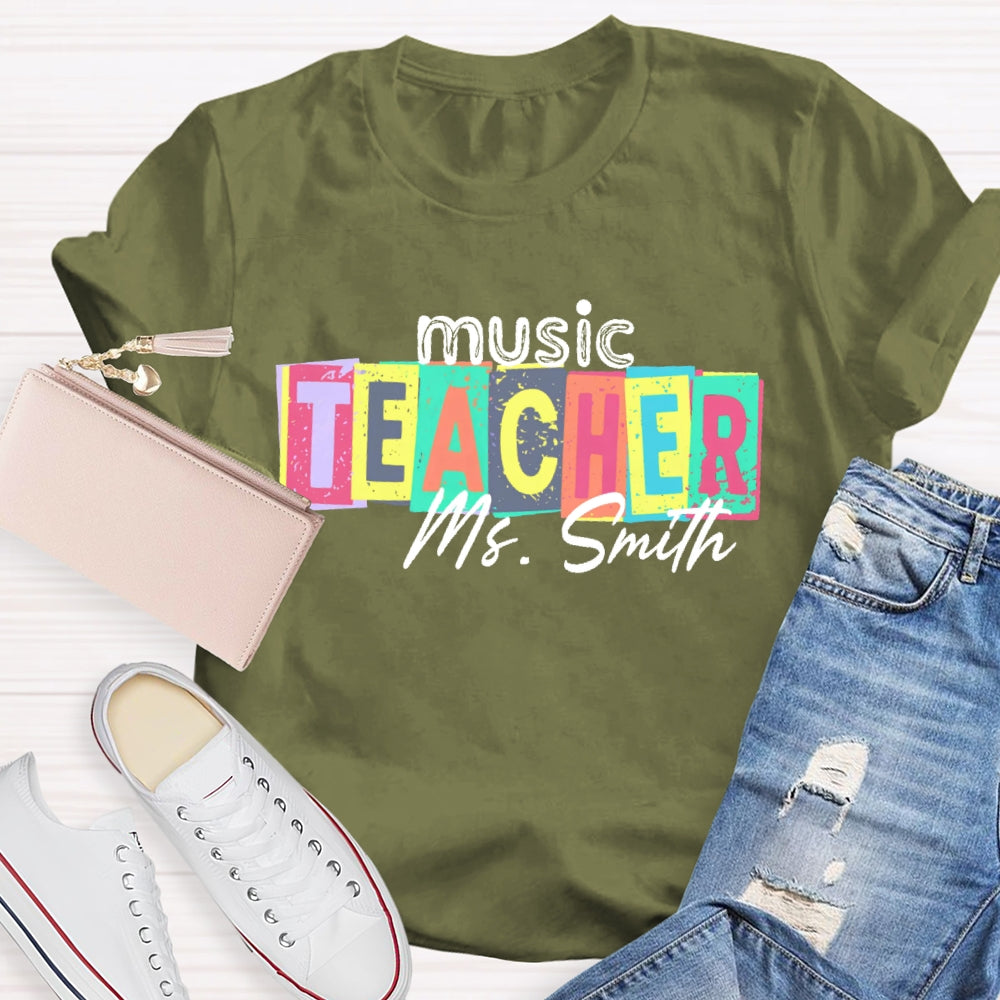 Personalized Name Music Teacher Colorful Square Pattern T-shirt