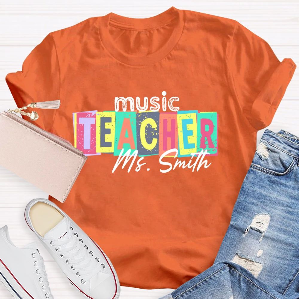 Personalized Name Music Teacher Colorful Square Pattern T-shirt