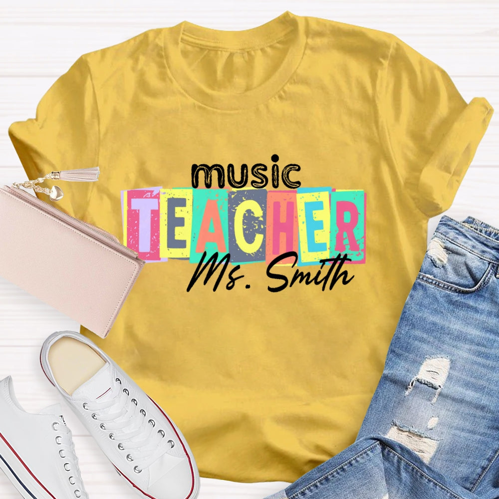 Personalized Name Music Teacher Colorful Square Pattern T-shirt