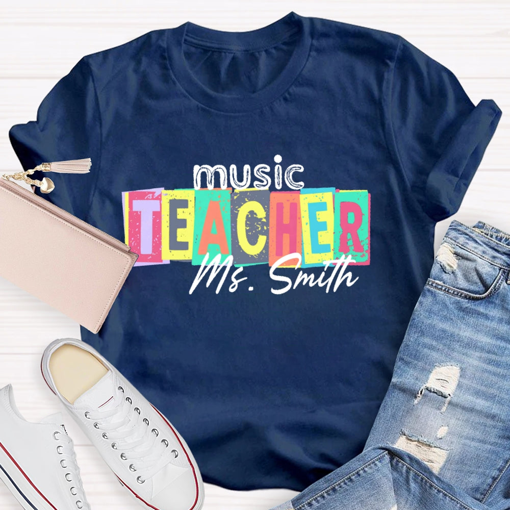 Personalized Name Music Teacher Colorful Square Pattern T-shirt