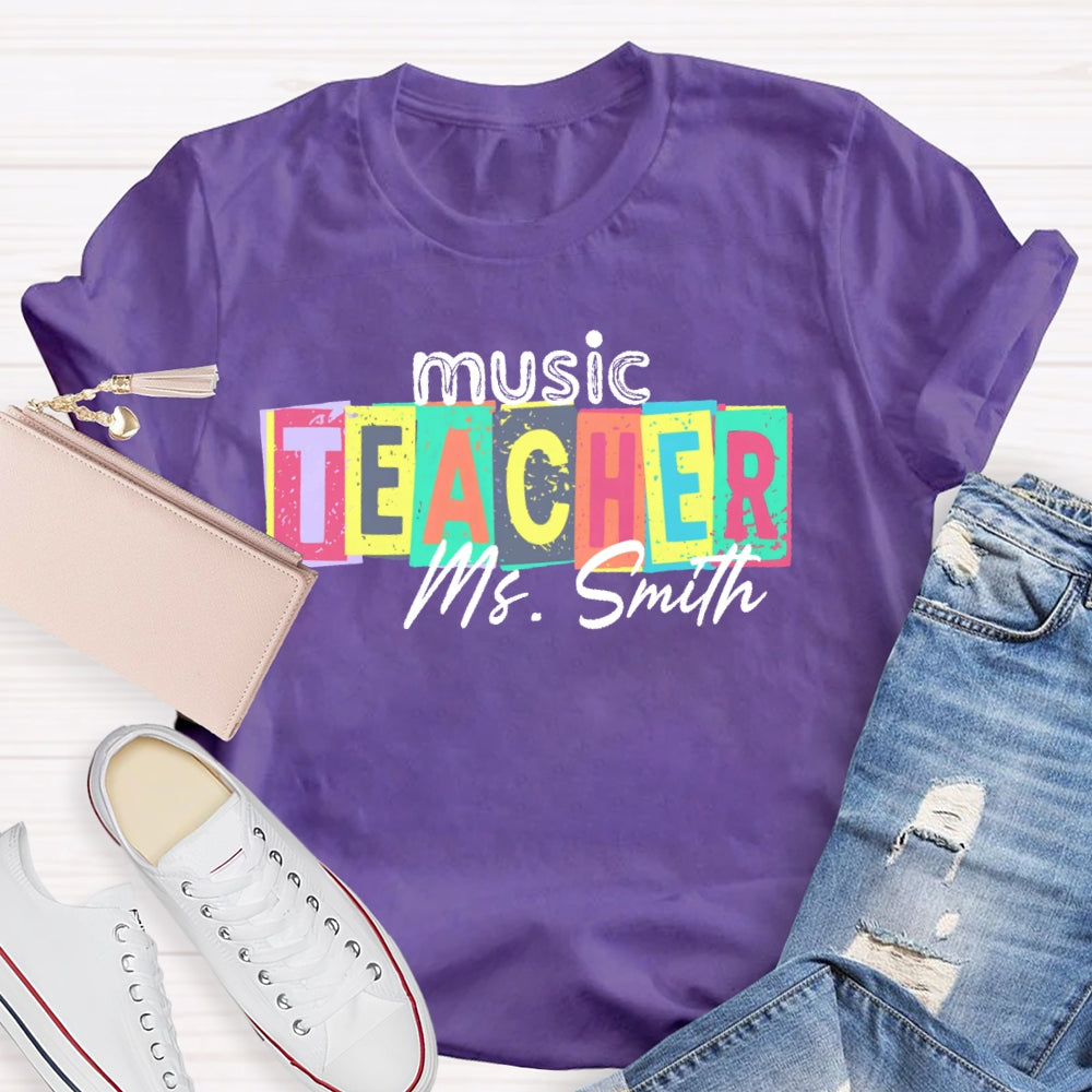 Personalized Name Music Teacher Colorful Square Pattern T-shirt