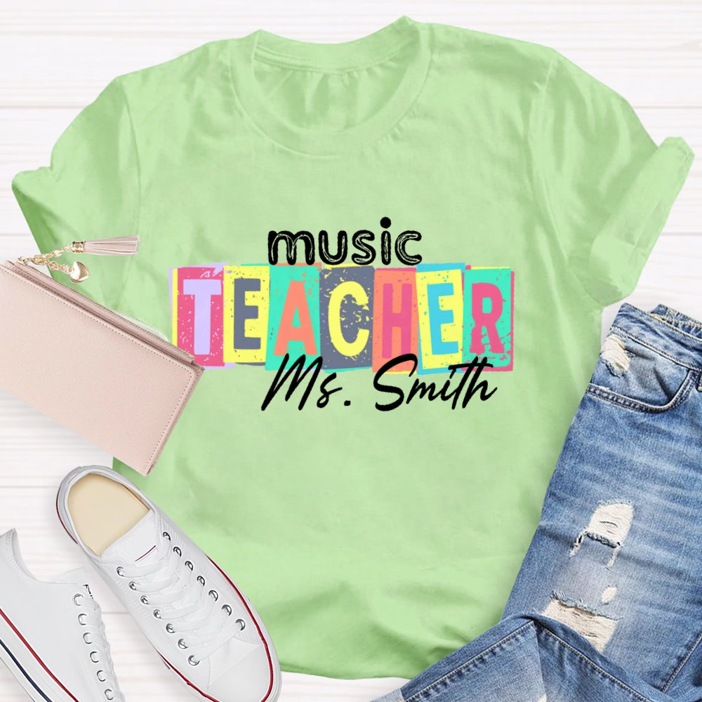 Personalized Name Music Teacher Colorful Square Pattern T-shirt