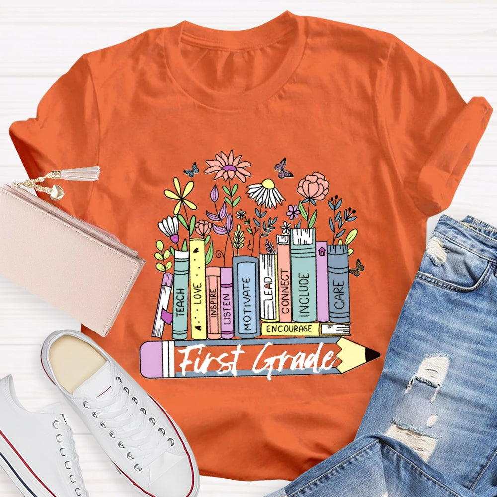 Personalized Grade Floral Pencil T-Shirt