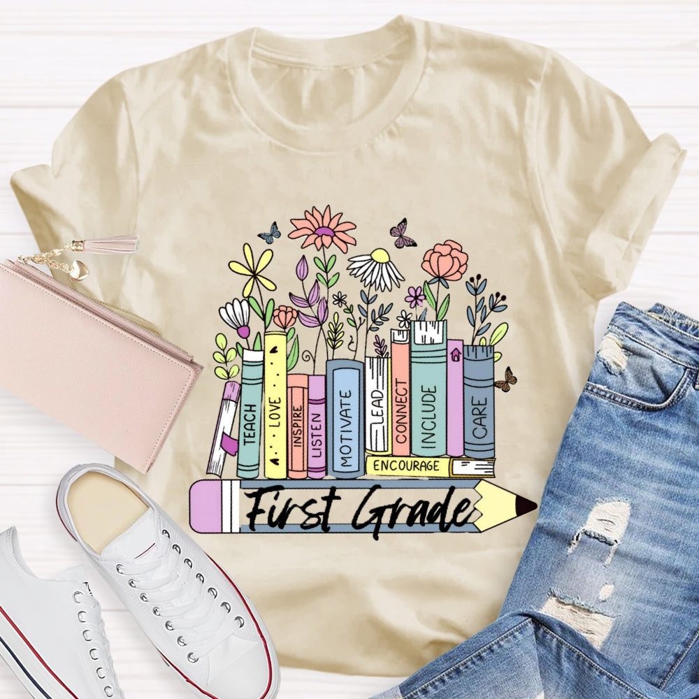 Personalized Grade Floral Pencil T-Shirt